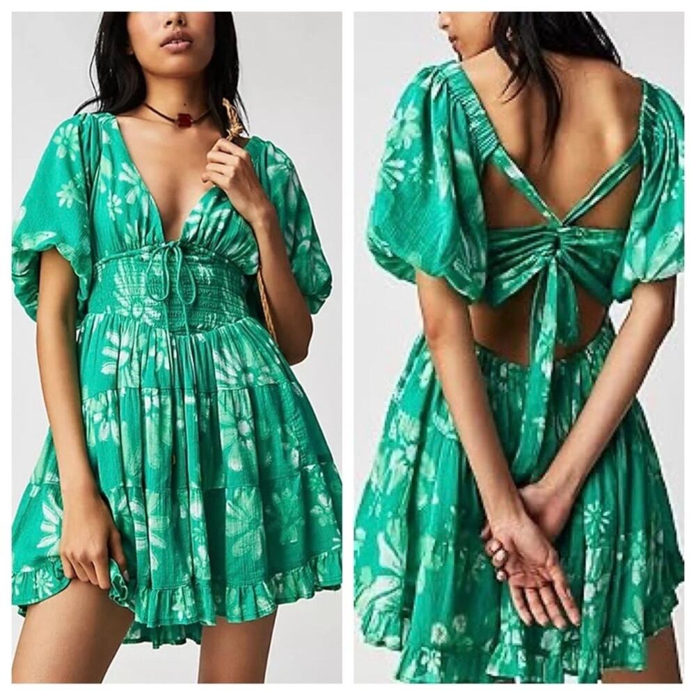 FREE PEOPLE Perfect Day Printed Dress Green Floral Small S